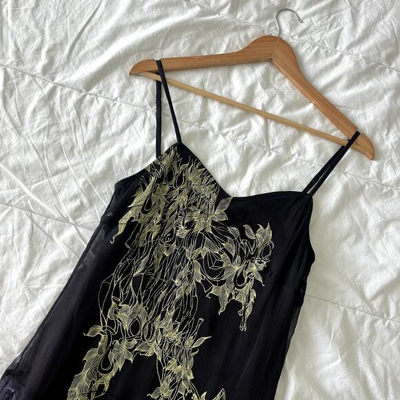 Vintage 90s Y2K 100% Silk Black Diesel Drop Waist Dress w Green Embroidery L - Picture 1 of 8